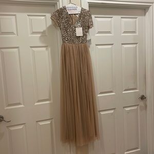 Maya Bridesmaid short sleeve maxi tulle dress with delicate sequins. muted blush
